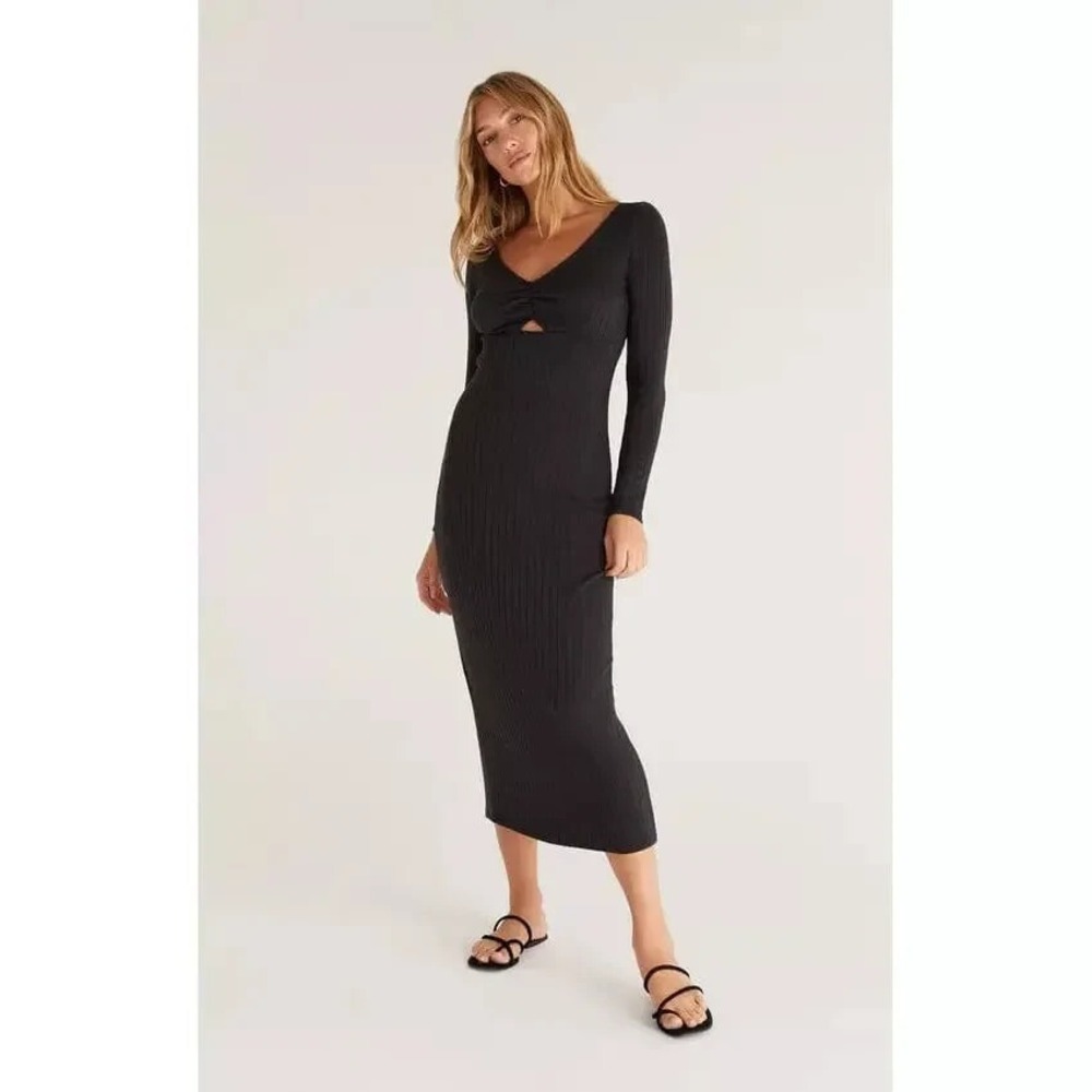 Z Supply Women's Black Orla Rib Midi Dress Slit Back Stretch Size Medium NWT